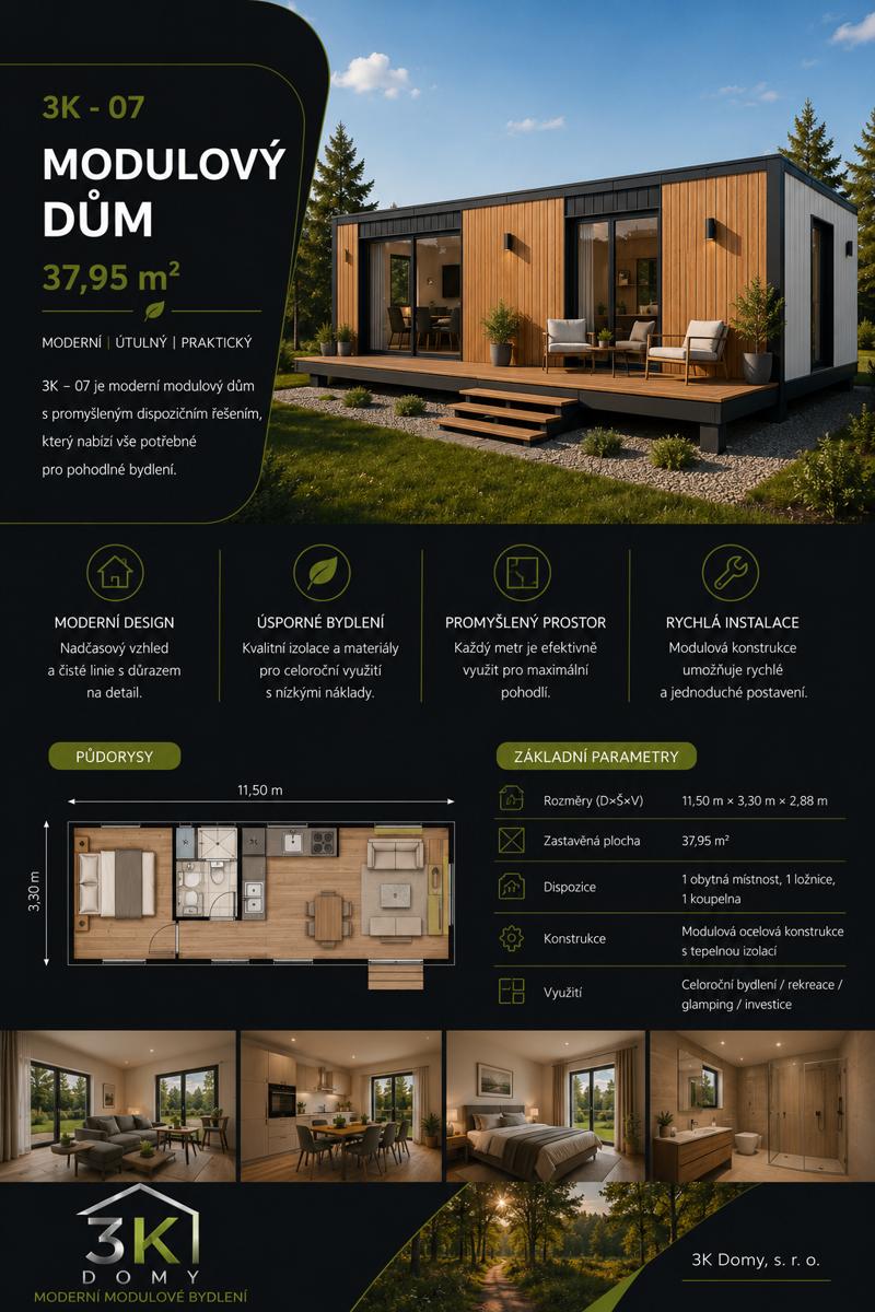 Katalogový list modelu 3K - 07 s půdorysy a vizualizacemi
